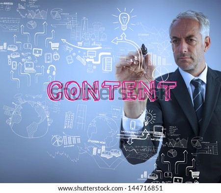 Businessman holding a marker and writing the word content against blue background