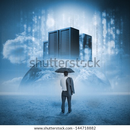 Businessman contemplating servers on earth with raining matrix