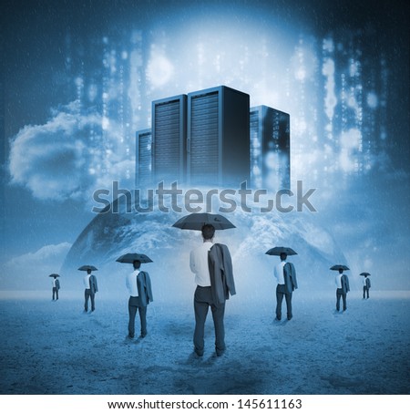 Businessmen looking servers on earth with matrix