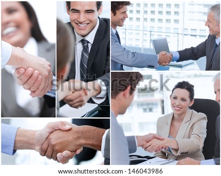 Collage of various pictures showing business people shaking hands