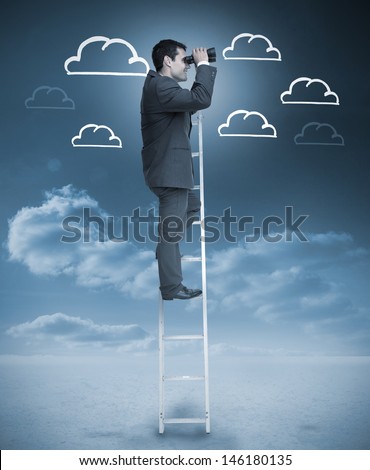 Businessman standing on a ladder over clouds with clouds drawn on the background