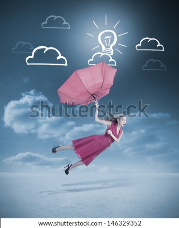 Glamour woman flying with a red umbrella under drawings of clouds and light bulb