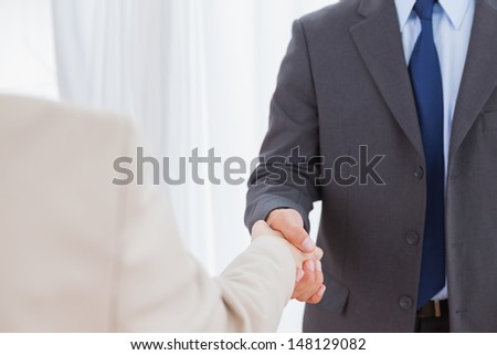 New partners shaking hands in bright office