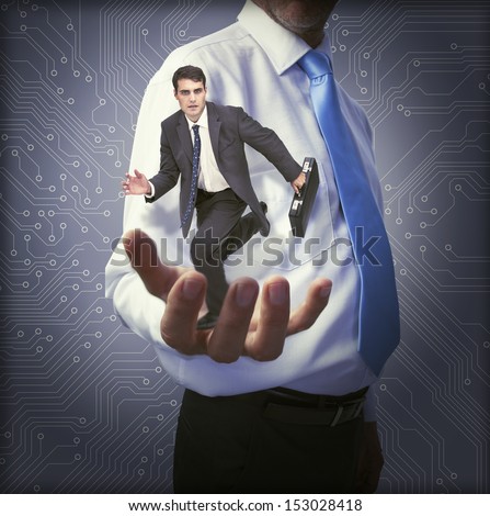 Classy manager holding small businessman in his hand trying to escape