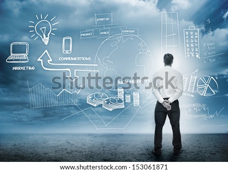 Businessman considering a brainstorm for marketing in cloudy landscape