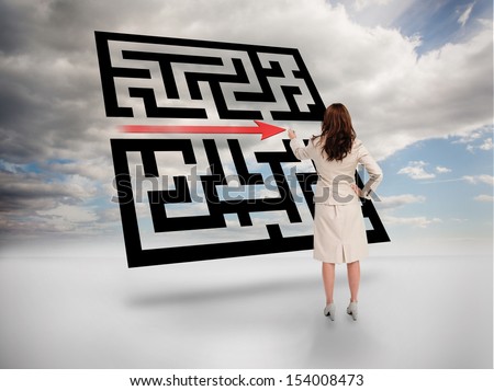 Businesswoman drawing red arrow through qr code on cloudy background
