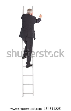 Mature businessman climbing career ladder on white background