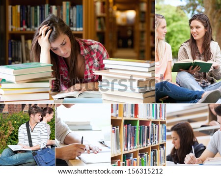 Collage of students studying at the university