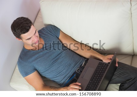 Overhead view of attractive man relaxing on couch using laptop in bright living room
