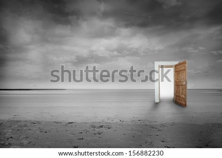 Picture of open wooden door on black and white beach