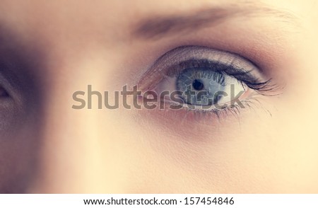 Extreme Close Up On Beautiful Shinning Blue Eye Looking At Camera