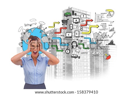 Screaming businesswoman standing in front of painted graphics and city on white background