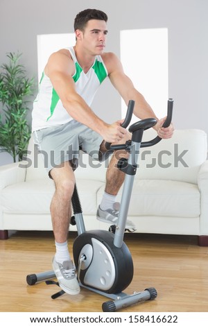 Determined handsome man training on exercise bike in bright living room