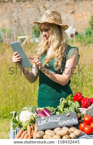 Young female farmer checking her tablet at her stall in the farmers market