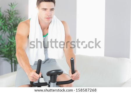 Determined handsome man exercising on exercise bike in bright living room