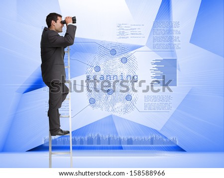 Businessman looking through binoculars to holographic finger print on blue background