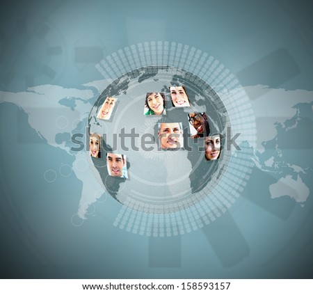 Profile pictures placed on a earth graphic on blue background