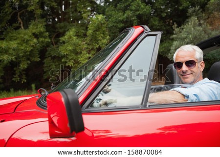 Cheerful handsome man enjoying his red convertible on a bright day