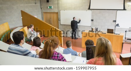 Rear view of a male teacher with students at the college lecture hall