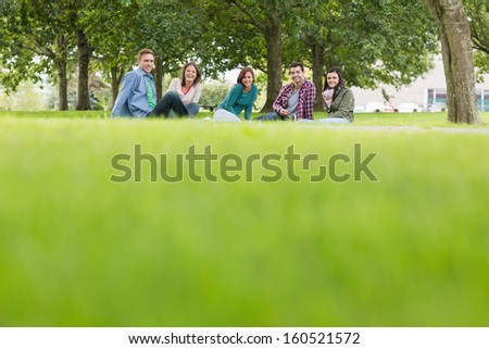 Group portrait of young college students sitting on grass in the park