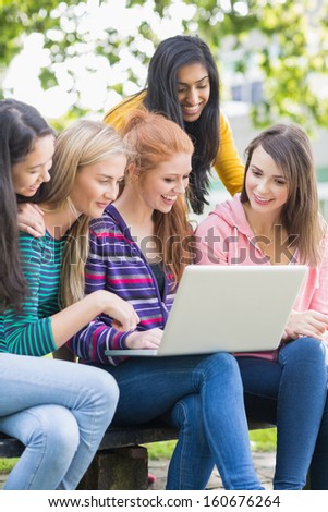 Group of young college girls using laptop in the park