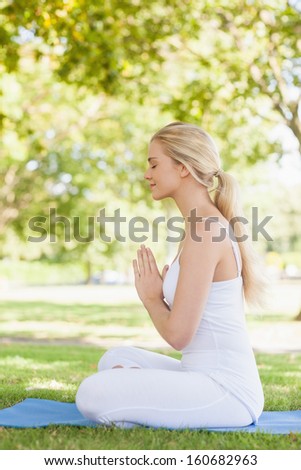 Side view of beautiful calm woman meditating sitting on an exercise mat in a park