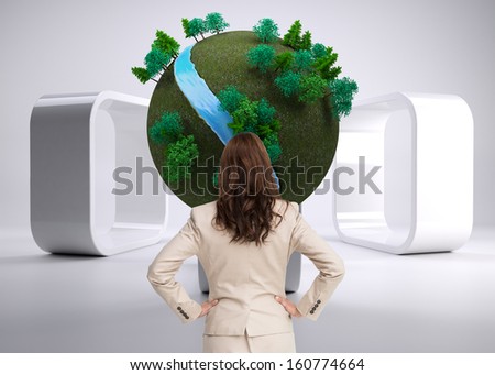 Composite image of businesswoman standing back to camera with hands on hips on white background