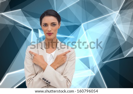 Composite image of charismatic businesswoman with her arms crossed and fingers pointing on white background