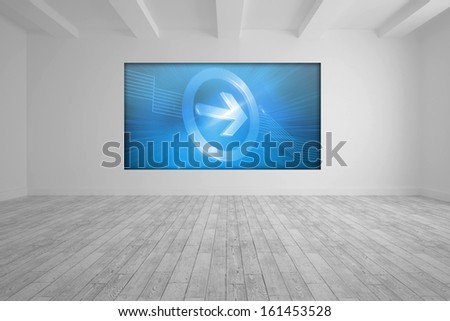 White room with blue picture arrow