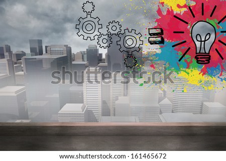 Cogs and light bulbs on splashes over cityscape