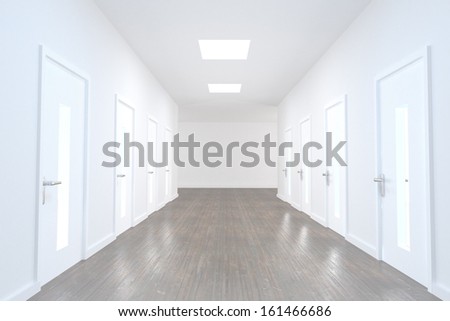 Bright hallway with several doors and wooden floor