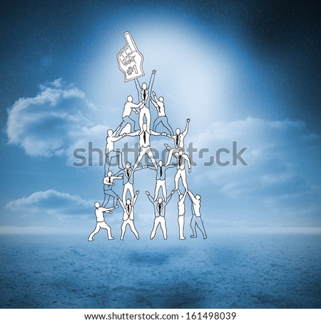 Pyramid of figures over blue countryside