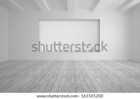 White room with screen in wall and floorboards