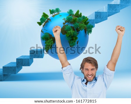 Composite image of happy man celebrating success with arms up on white background