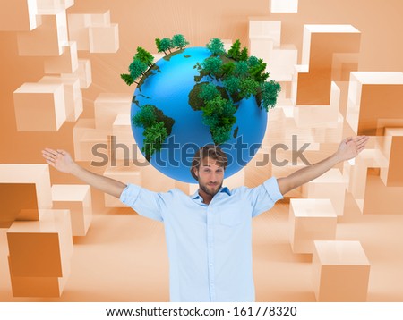 Composite image of handsome man raising hands and smiling