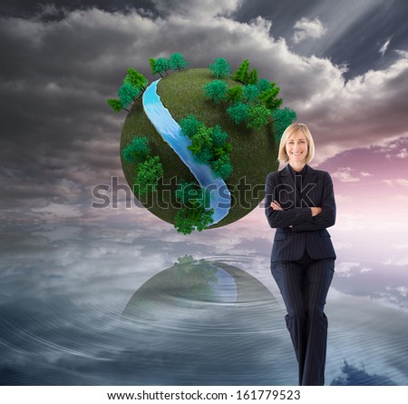 Composite image of attractive friendly businesswoman smiling at the camera in a meeting