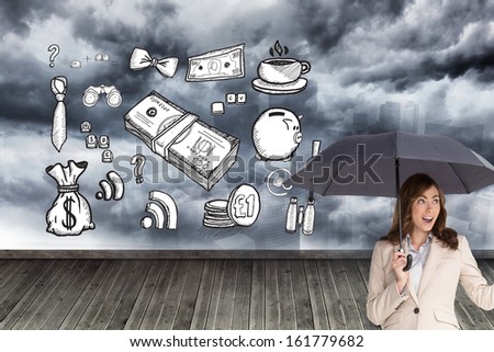 Composite image of elegant businesswoman holding black umbrella against white background