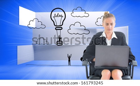 Composite image of blonde businesswoman sitting on swivel chair with laptop