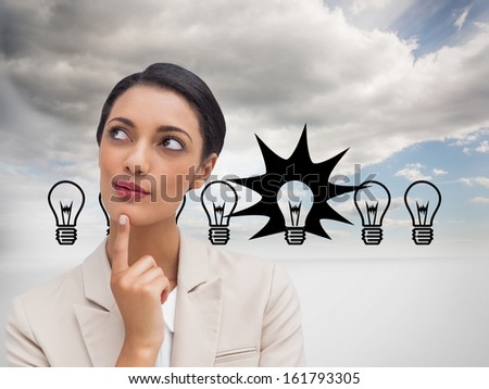 Composite image of smiling businesswoman thinking on white background