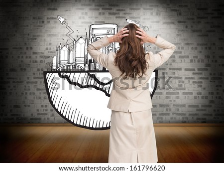 Composite image of businesswoman with hands on head standing back to camera