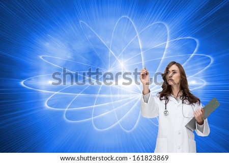 Composite image of stern brunette doctor pointing