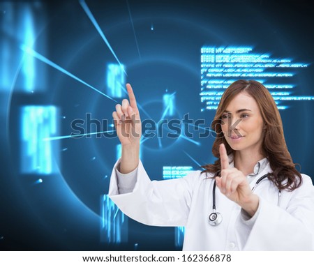 Composite image of happy brunette doctor pointing