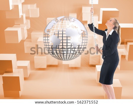 Composite image of blonde businesswoman pulling a chain