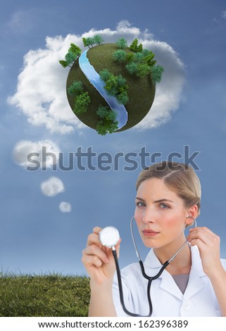 Composite image of serious nurse listening with stethoscope and looking at the camera