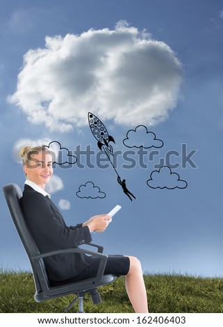 Composite image of attractive blonde businesswoman sitting in swivel chair holding folder