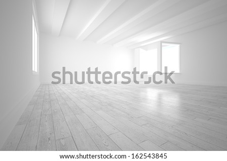 White room with opened windows and floorboard