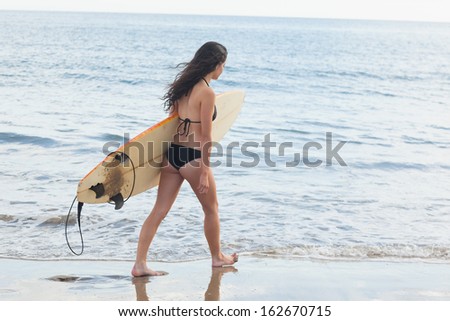 Rear view of a young bikini woman with surfboard walking in water at beach