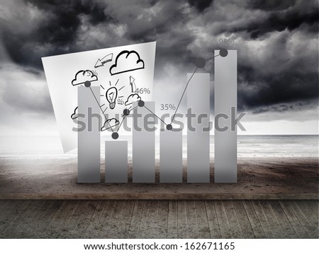 Sheet with graphic and statistic over sky on wall