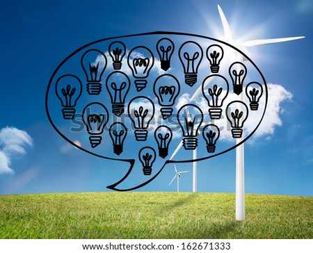 Light bulbs graphic on bright countryside with wind turbines