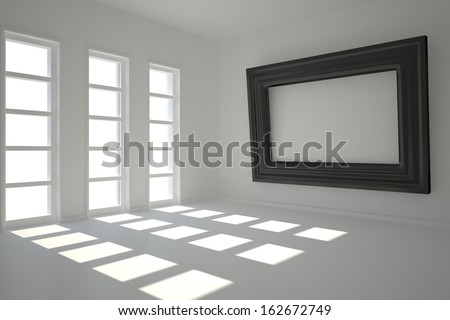 Dark white room with frame at wall and windows